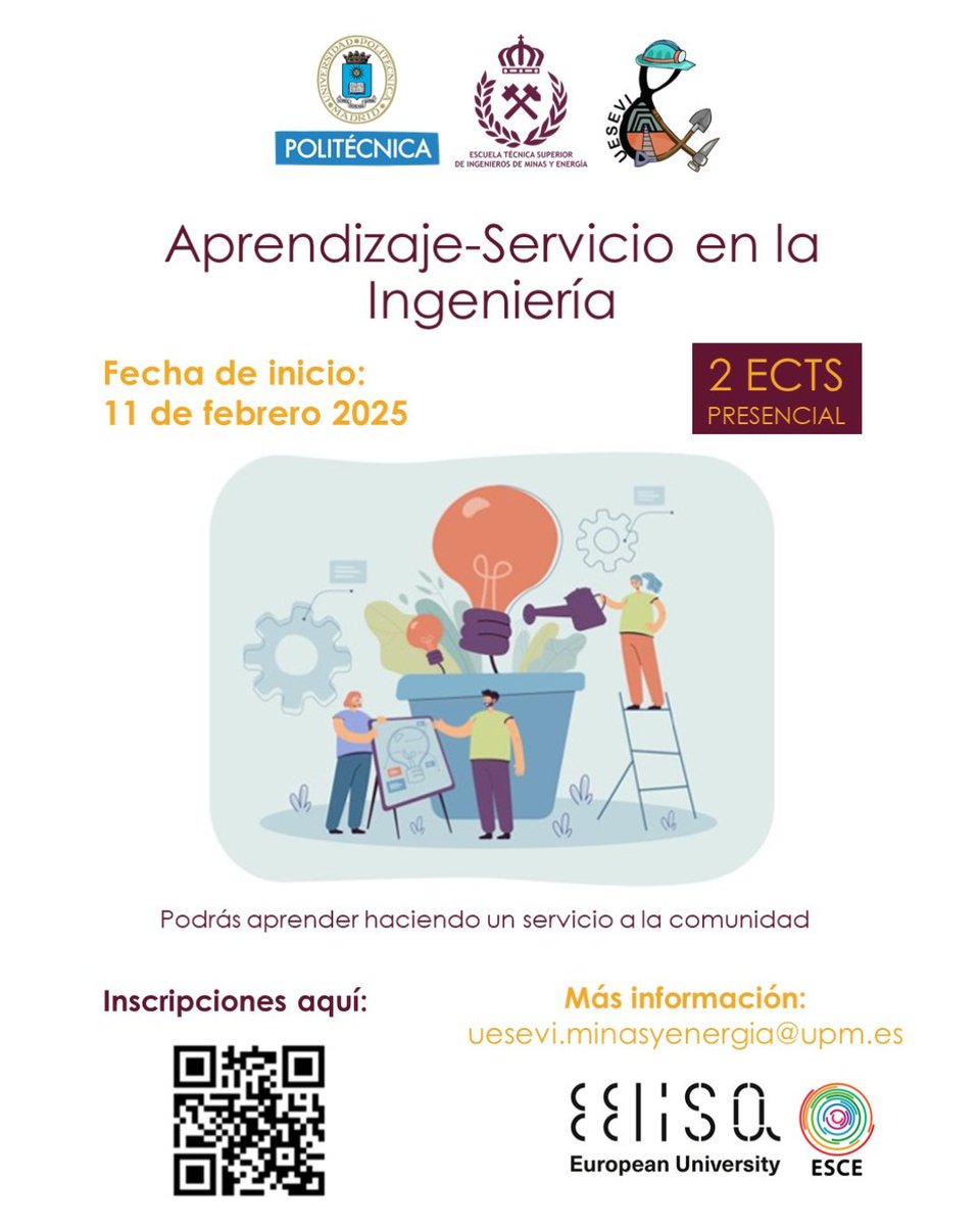 🌍 ¡ÚNETE a "Educando para corregir la desigualdad"! 🌟 <a href="/UESEVI/">UESEVI UPM</a>
🕒2 días/semana, de 14:00 a 15:30 h
📌Aula UESEVI, ETSI Minas y Energía, UPM
📚2 ECTS 
Más info: short.upm.es/5zaoz
#VoluntariadoUPM #EducandoParaLaIgualdad #Solidaridad #UPM #UESEVI #ETSIME