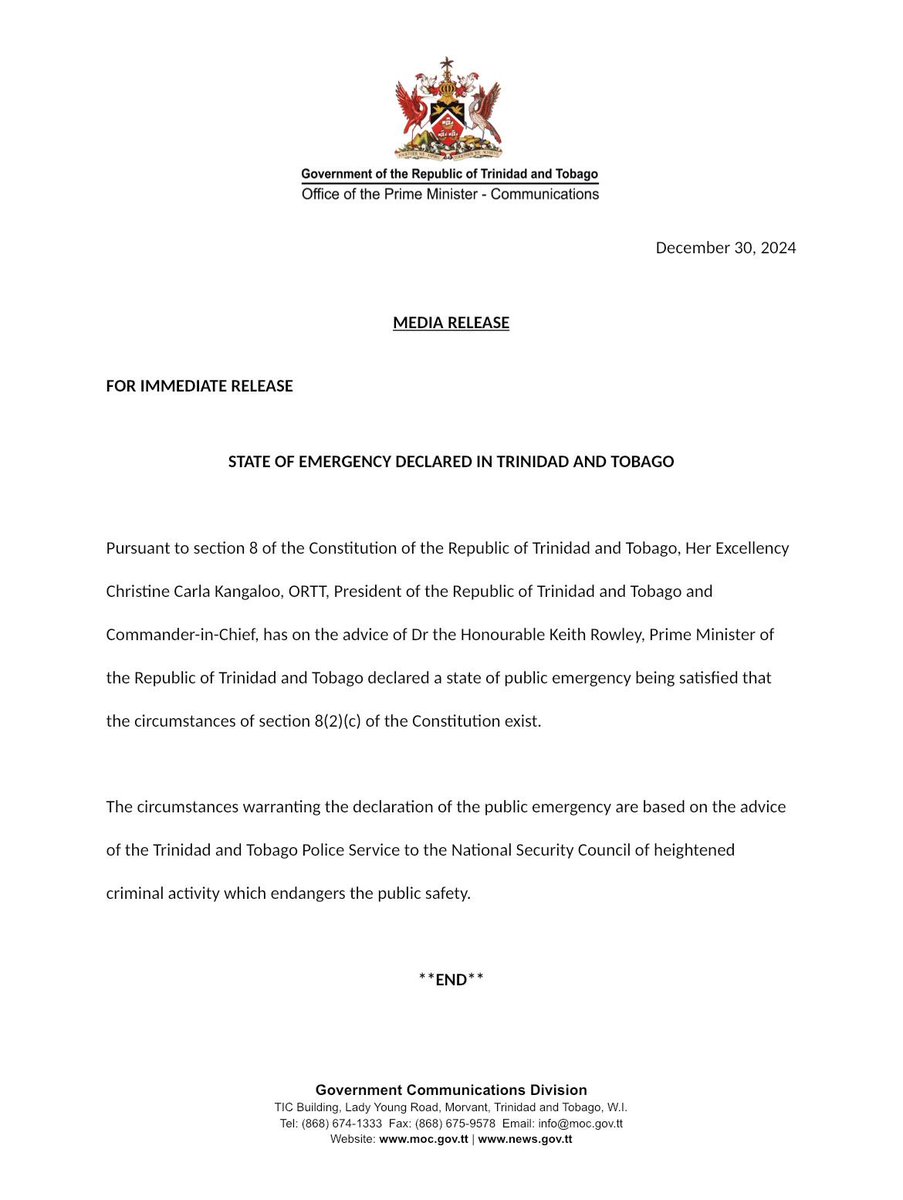 Prime Minister Dr Keith Rowley has declared a State of Emergency in T&amp;T.