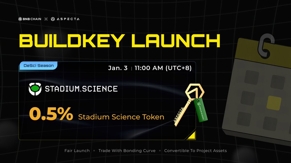Aspecta - BuildKey 🔑 (@aspecta_ai) on Twitter photo 🔑 #BuildKey #DeSci season continues! <a href="/StadiumScience_/">Stadium Science</a> #BuildKey goes live on Jan 3.
Stadium Science: a pioneering prediction market for accelerating research, backed by Polychain Capital, dao5 & more.
🎁 0.5% of Stadium Science token allocated: trade.aspecta.ai/projects/Stadi… 🔑 #BuildKey #DeSci season continues! <a href="/StadiumScience_/">Stadium Science</a> #BuildKey goes live on Jan 3.
Stadium Science: a pioneering prediction market for accelerating research, backed by Polychain Capital, dao5 & more.
🎁 0.5% of Stadium Science token allocated: trade.aspecta.ai/projects/Stadi…