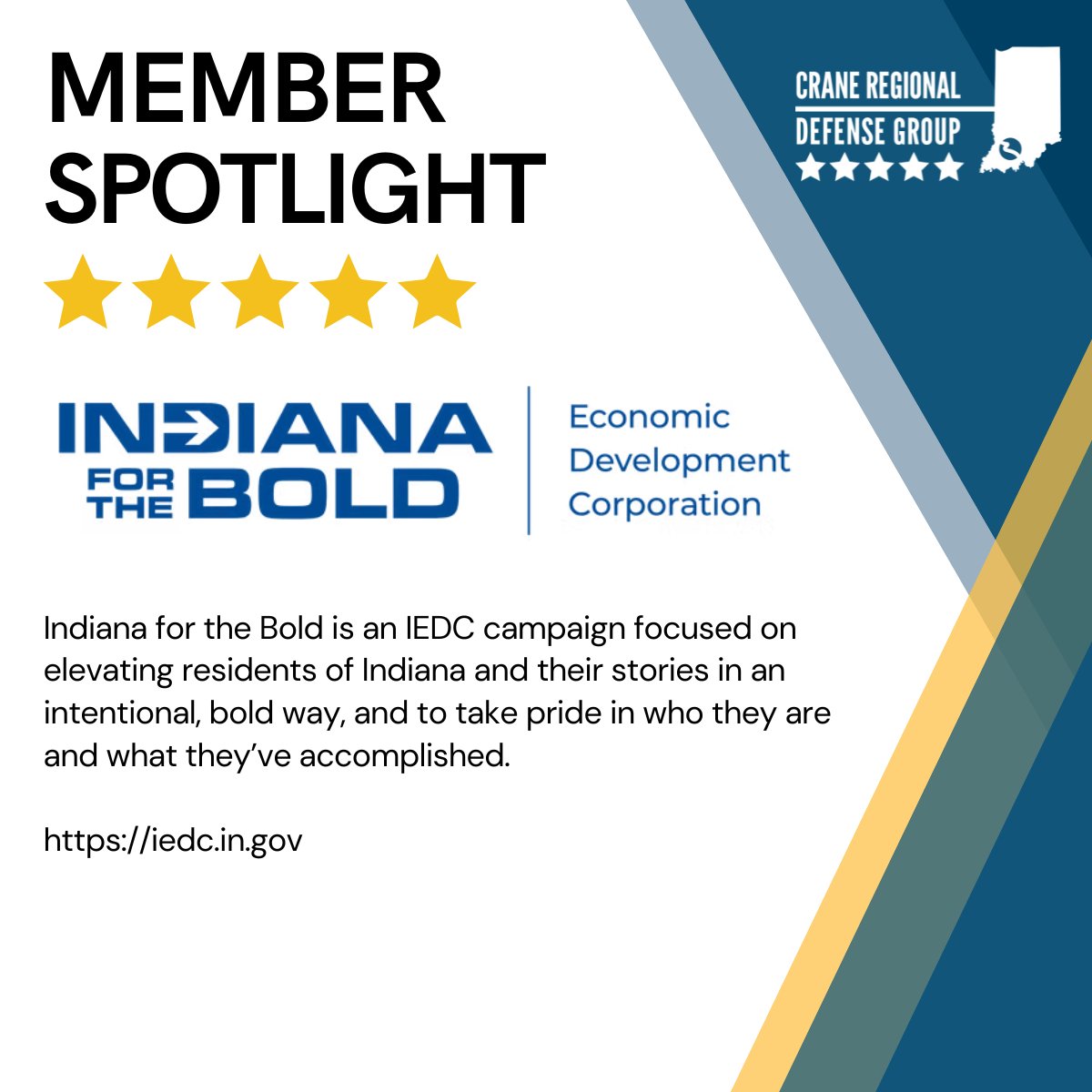 Thank you to to the Indiana Economic Development Corporation for being a valuable 5-star member! We could not do what we do without your support and enthusiasm for the southern Indiana defense ecosystem.iedc.in.gov

Become a CRDG member: craneregionaldefensegroup.org/membership