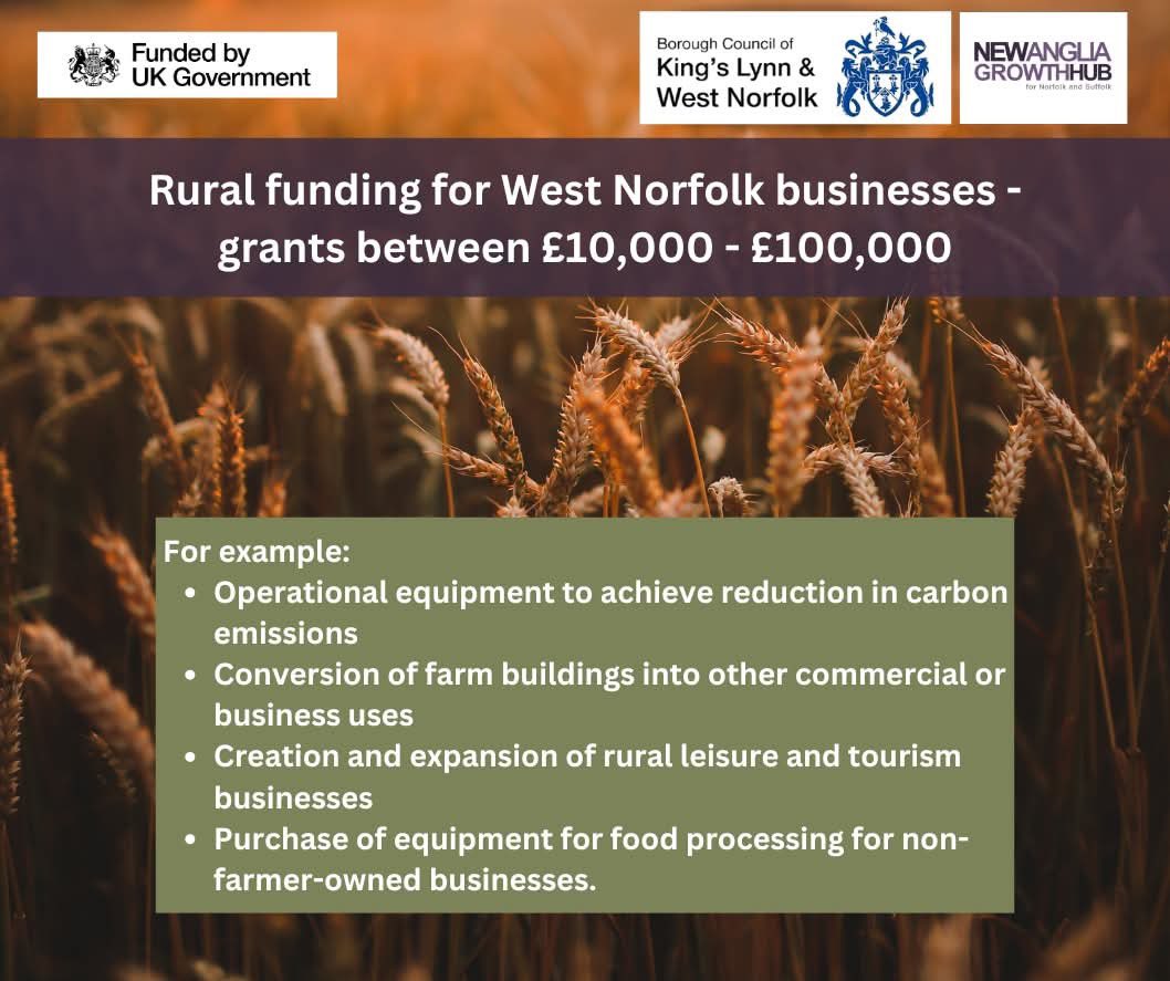 FUNDING call for #WestNorfolk rural businesses! 
▶️ Contact us if you’re developing new products/ facilities that will benefit economy. 
🔜Get in touch with Grant Adviser Sally Lomax via sally.lomax@norfolk.gov.uk to discuss or register interest newangliagrowthhub.co.uk/contact-us/
 #ukspf