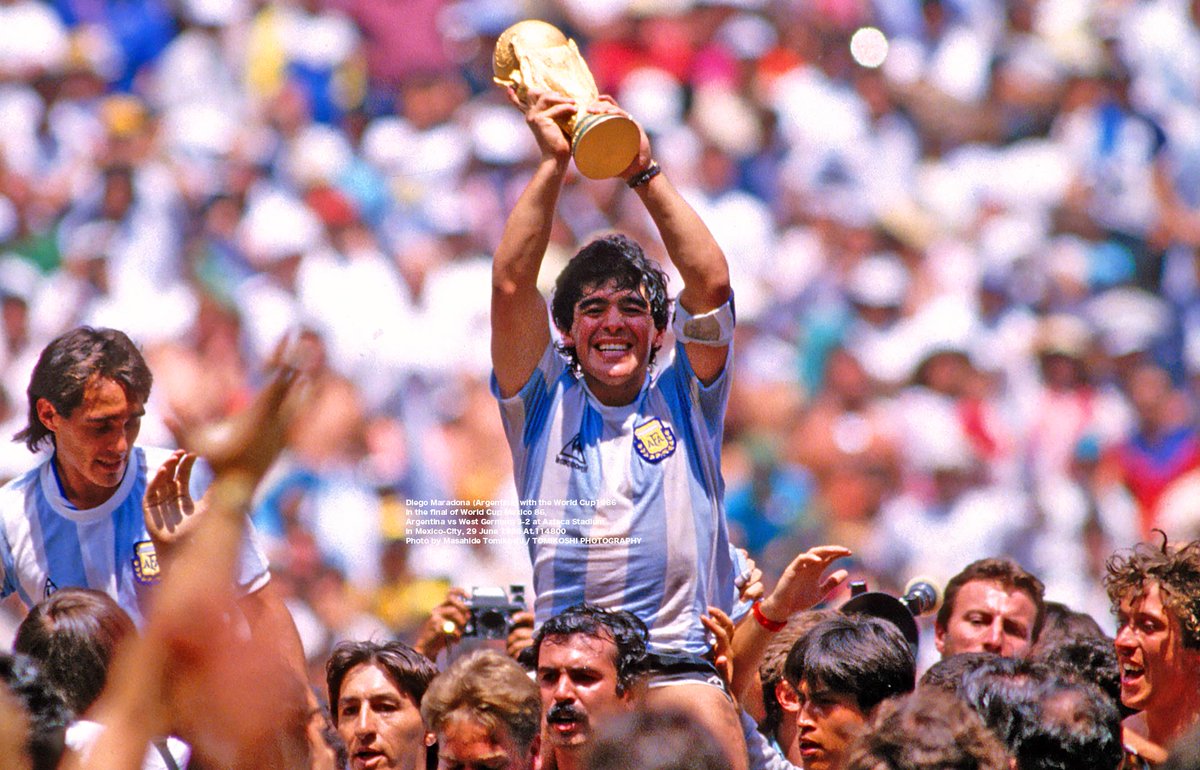 Diego Maradona (Argentina) with the World Cup
in the final of World Cup Mexico 86, 
Argentina vs West Germany3-2 at Azteca Stadium 
in Mexico-City, 29 June 1986 At.114800
Photo by Masahide Tomikoshi / TOMIKOSHI PHOTOGRAPHY