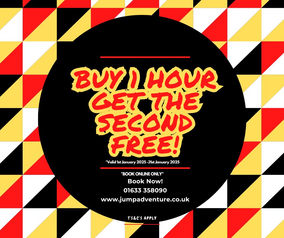 Start the New Year with amazing deals at Jump Adventure:
 Popular Session Offer:
Buy one hour, get the second hour FREE! 
Valid from 1st January 2025 – 31st January 2025 
Don't miss out—these offers are available for a limited time only!
📷 jumpadventure.co.uk
📷 01633 358090