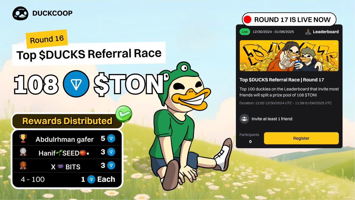 🎁 Top $DUCKS Referral Race Round 16: 108 $TON Rewards Distributed 🏆

Round 16 is over, and the champions have emerged! 🔥

🥇 Abdulrhman gafer - 5 $TON
🥈 Hanif🌱SEED🍅▪️ - 3 $TON
🥉 X 👾 BITS - 3 $TON

Duckies rank 4-100 on the Leaderboard will each get 1 $TON! 💎

💰 Top