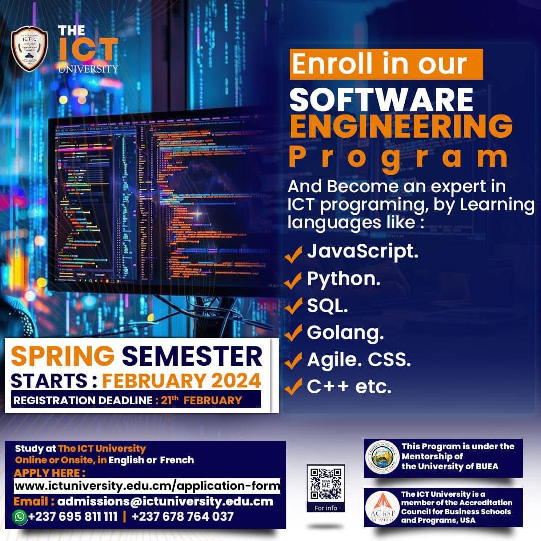 “Coding is today’s language of creativity.”

The ICT University has introduced a new wave of technology, providing continuous innovation and improvement.

Study at The ICT University, both online and on-site! 
Apply Now: ictuniversity.org/portal-sign-up/ 
Call: 678-764-037