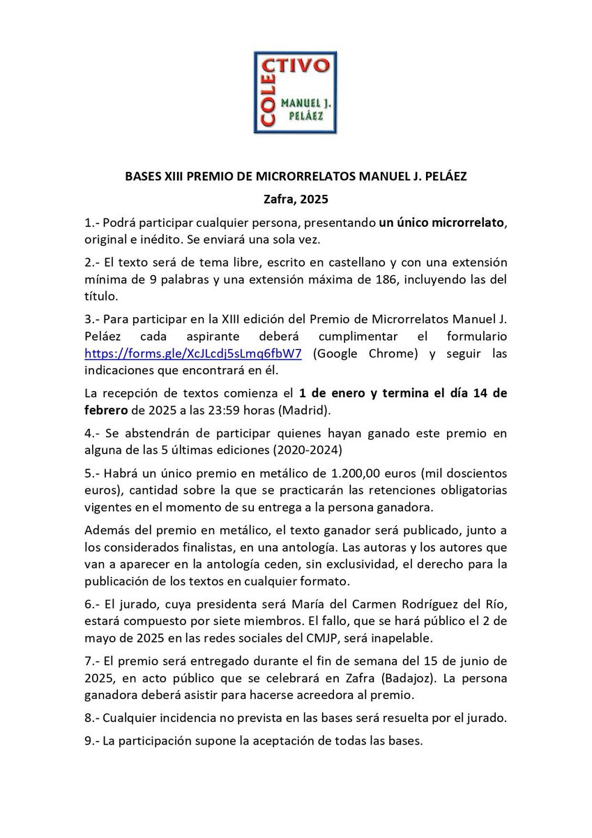 ¿Escribes? El Colectivo convoca la XIII edición del Premio de Microrrelatos Manuel J. Peláez. Abierto el plazo desde el 1 de enero de 2025. Consulta las bases. Gracias por difundir.