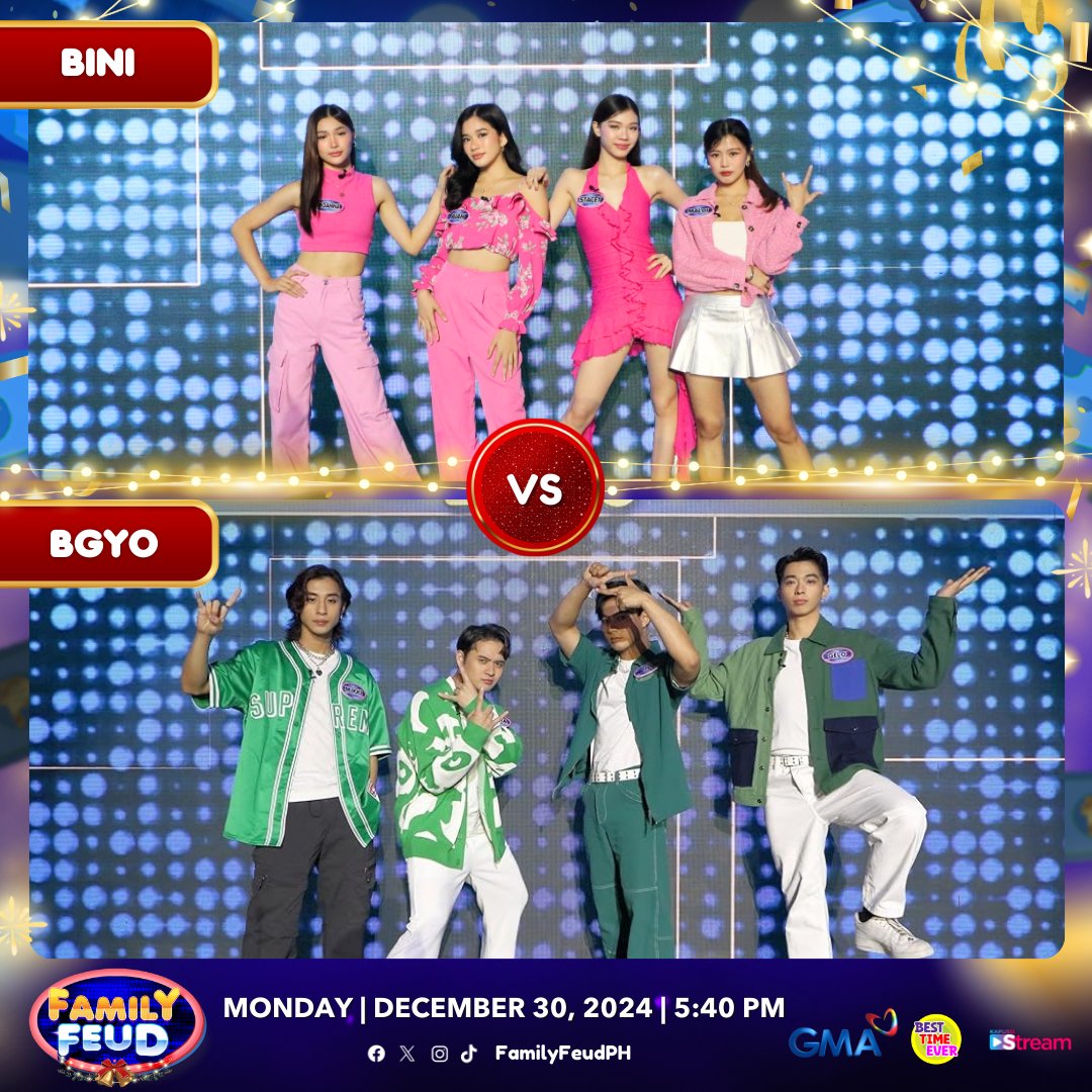 FamilyFeudPH's tweet photo. BINI vs. BGYO! πͺ
The Nation's Girl Group, BINI, faces off against the Aces of P-Pop, BGYO!
#FeudBINIvsBGYO | December 30, 2024
#FamilyFeudPH #DecemberFever https://t.co/CNhI39iGY8