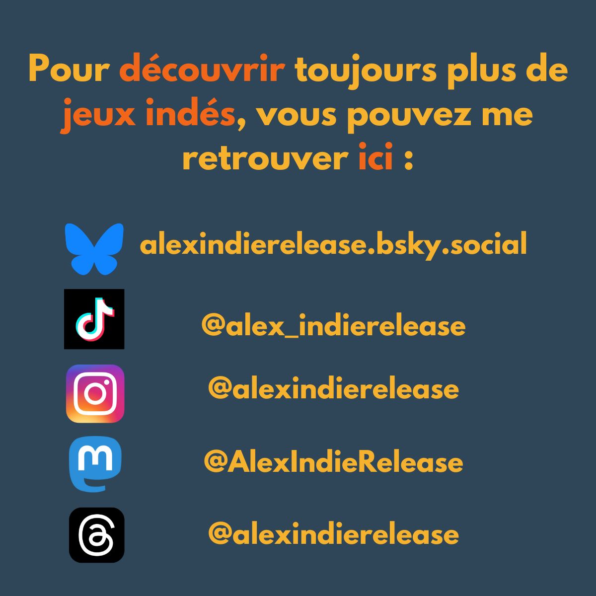 🚨Ce compte ne sera plus alimenté ✋

Je reste actif sur les autres réseaux (voir post épinglé ou image) donc n’hésitez pas à venir me rejoindre si vous souhaitez découvrir de nouveaux jeux indés que je met en avant 🎮
