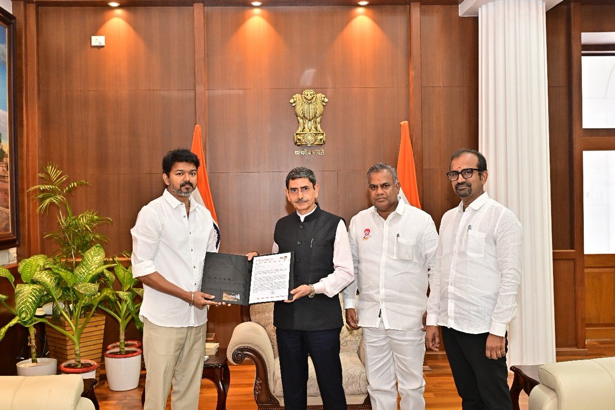 ANI's tweet image. Tamil Nadu | TVK President and Actor Vijay met Tamil Nadu Governor RN Ravi and submitted a petition.

In our petition, we have urged that law and order be maintained in Tamil Nadu and that appropriate steps be taken to ensure the safety of women everywhere. The people affected by