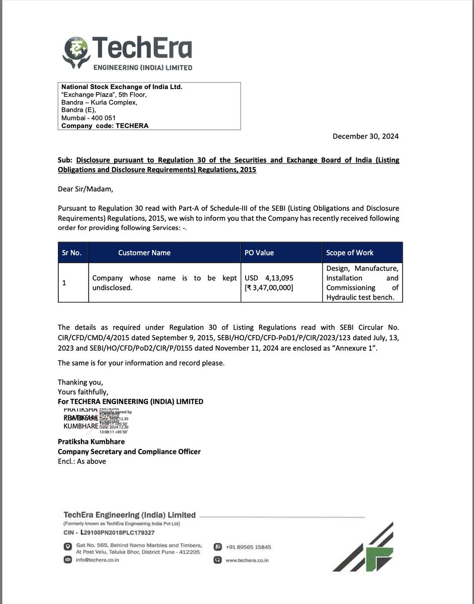 Vihaan_001_'s tweet image. #TechEraEngineering #SEBIRegulations #StockExchange #Compliance #DisclosureNotice

This disclosure notice from TechEra Engineering (India) Limited 📜, dated December 30, 2024, serves as a formal update to the National Stock Exchange of India Ltd 🏦 regarding a notable order. The…