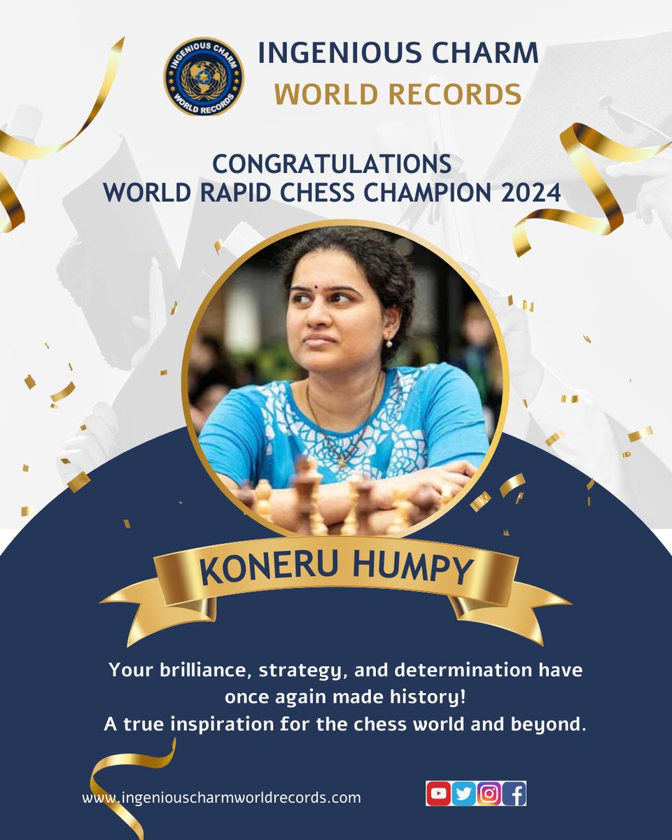 IngeniousCWR's tweet photo. 🌟 Congratulations, Koneru Humpy! 🌟

🎉 World Rapid Chess Champion 2024 🎉

Your brilliance, strategy, and determination have once again made history!
A true inspiration for the chess world and beyond.

✨ Proud Moment for India ✨
From: Ingenious Charm World Records Organization

#KoneruHumpy @humpy_koneru #ChessChampionship #worldrecord