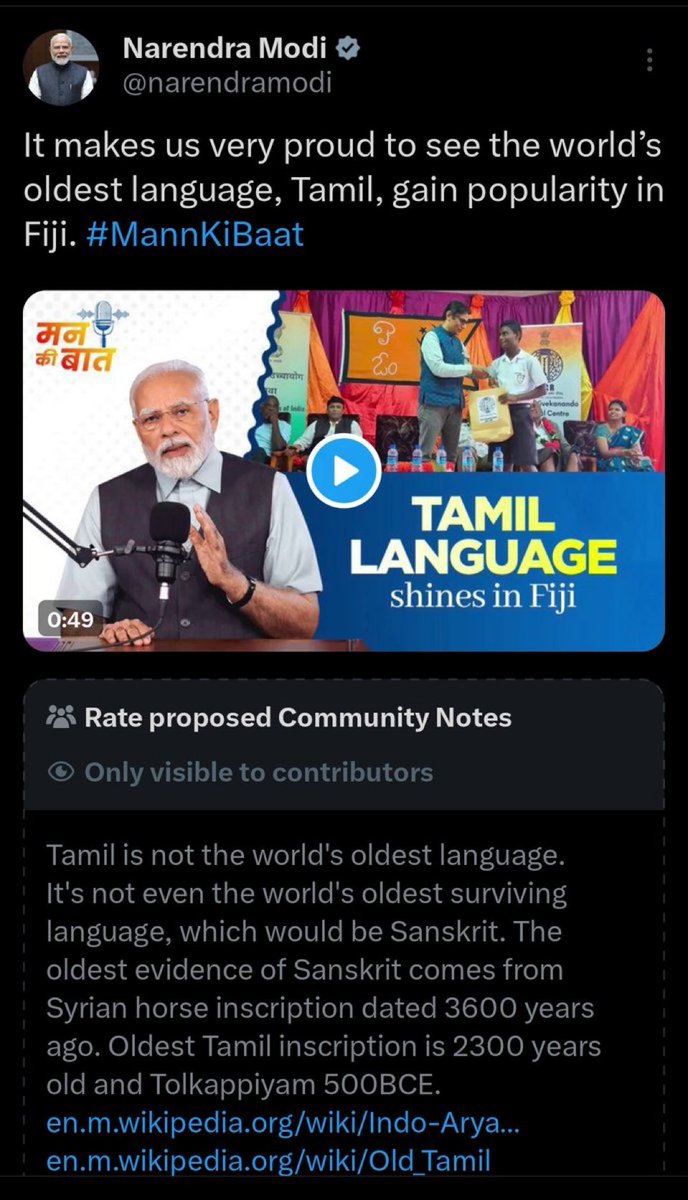 vijeshetty's tweet image. Meanwhile, Modiji video getting community notes.

Need a better PR, old ones are not helping to gain ground in TN.

#OldestLanguage #Tulu