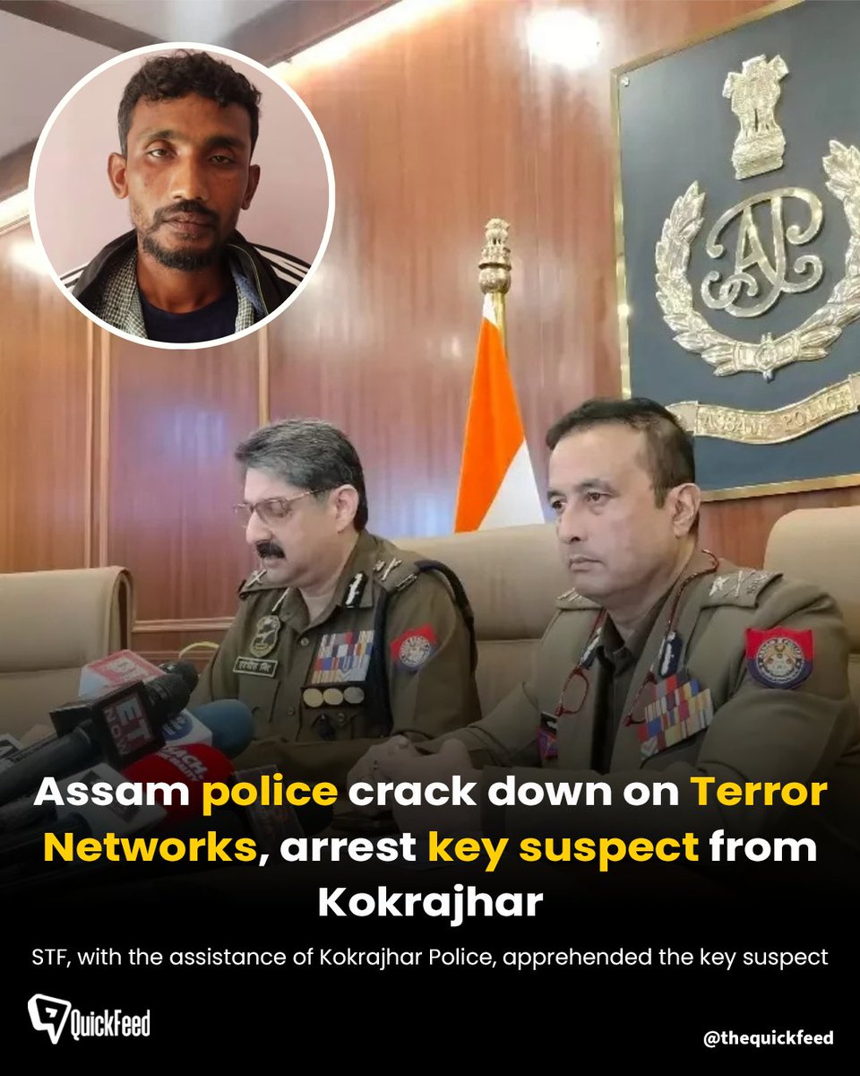 QuickFeed_news's tweet photo. The Assam STF arrested Gazi Rahman, linked to AQIS and ABT, under Operation Praghat.
#AssamNews #OperationPraghat #Terrorism #Kokrajhar #AssamPolice #IndiaNews #NationalSecurity #NortheastNews https://t.co/IMTUBqJ3f3