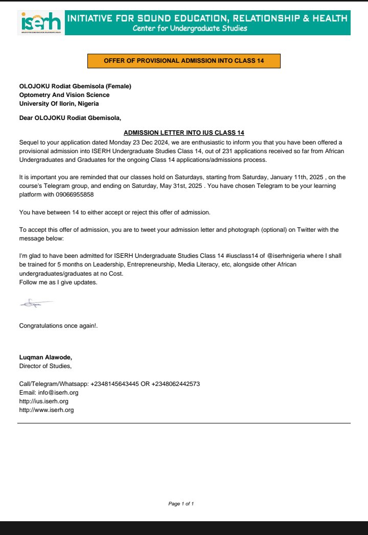 OlojokuRodiat's tweet photo. I'm glad to have been admitted for ISERH Undergraduate Studies Class 14 #iusclass14 of @iserhnigeria, where I shall be trained for 5 months on Leadership, Entrepreneurship, Media Literacy, etc, alongside other African undergraduates/graduates at no Cost.Follow me as I give update https://t.co/Cv6QEASLTk