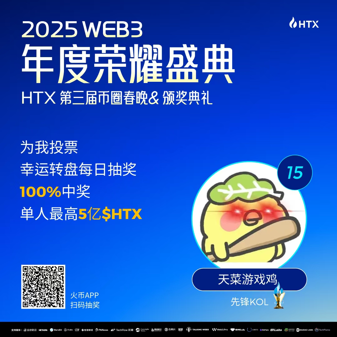 火币HTX 2025 年度荣耀盛典来喽！🔥🔥🔥
很荣幸被提名“火币HTX 2025年度荣耀盛典”华语区的先锋KOL！  

大家来投票呀`   还能获得抽奖机会! 单人最高5亿HTX！

#HTX  #火币荣耀盛典