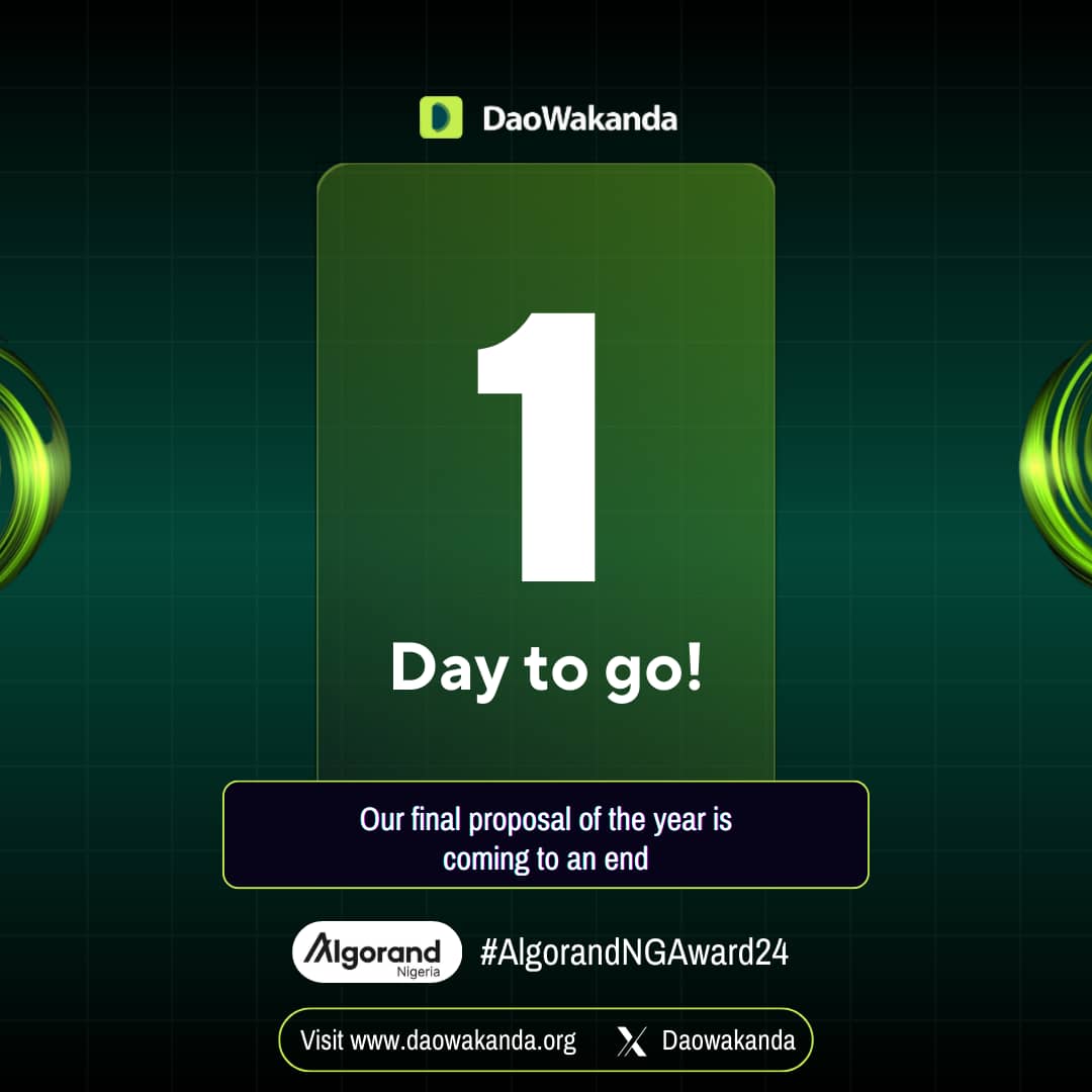 DaoWakanda's tweet image. The Algorand Nigeria end of the year Project Award proposals ends tomorrow! 🥳

1 day left to vote for your favourite project. Don't miss out— as your community gets a final chance to win 1000 in $Algos 🏆.

Visit daowakanda.org/governance

✅ Vote Now!

#AlgorandNGAwards24
#Algos