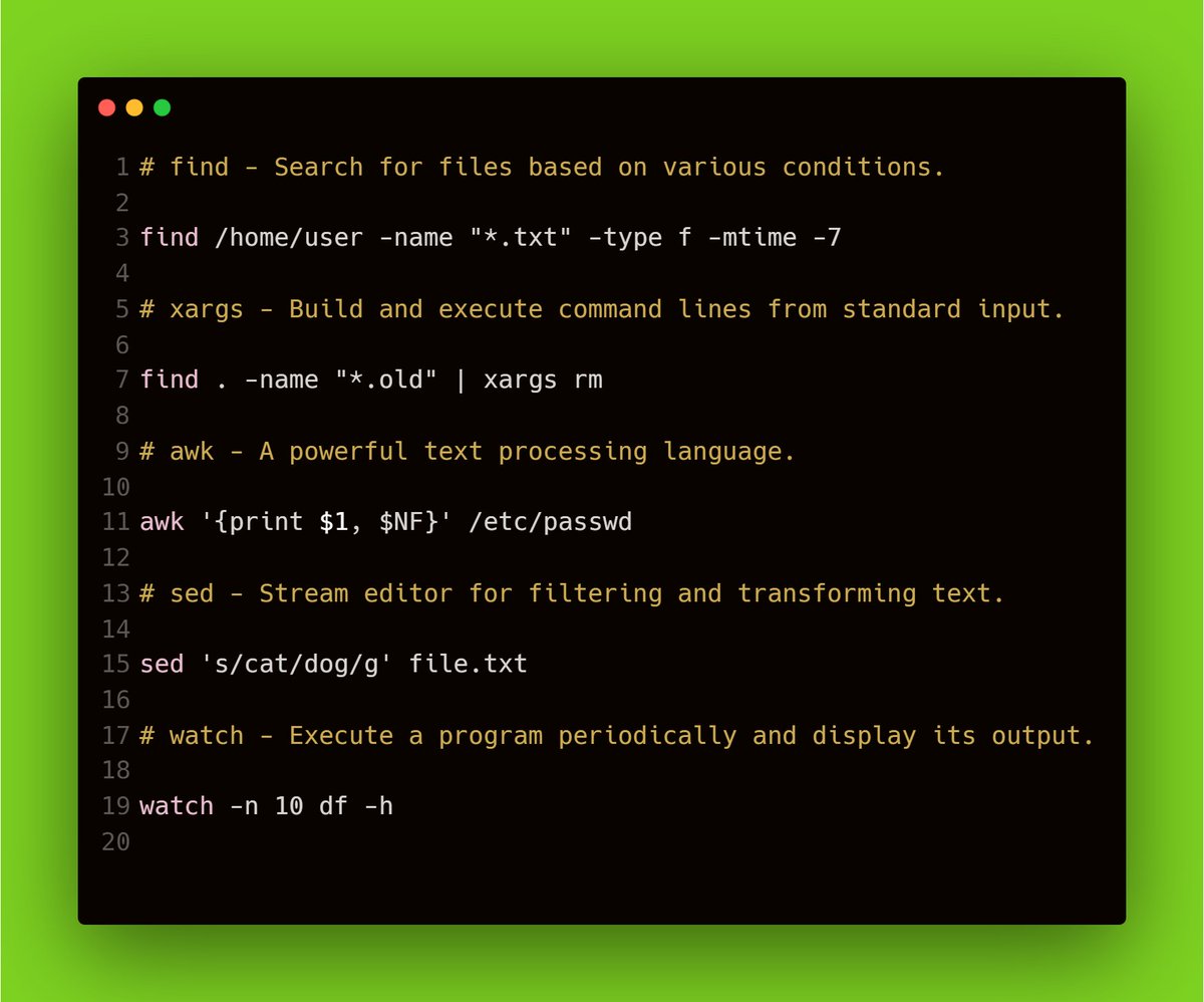 QAInsights's tweet image. Top 5 advanced Linux commands

1. find
2. xargs
3. awk
4. sed
5. watch

#Linux #commands