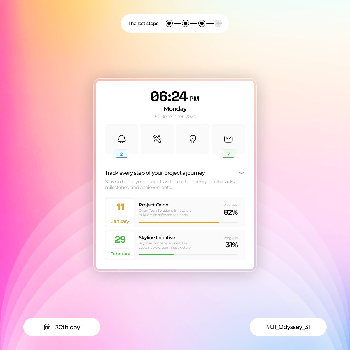 Hi all:)
📅 Day 30 of UI_Odyssey_31! Say hello to the Project Progress Tracker Component, the ultimate tool to monitor &amp; visualize the progress of your projects. Stay organized, meet your goals, &amp; celebrate milestones! 🌟
#UI_Odyssey_31 #uidesign #productdesign #uiux #uiuxdesign