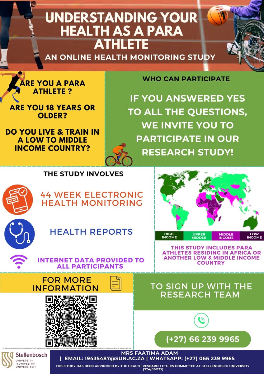 BJSM_BMJ's tweet photo. 🔈 Attention Para Athletes from low and middle-income countries! #GlobalResearchGrant🏅 

Seize the unique opportunity to be part of a study monitoring athlete health, spanning 44 weeks with weekly online check-ins

More info ℹ️ https://t.co/1TddOIJKrx
See flyer for contact details 🤝 

@FaatimaAdam