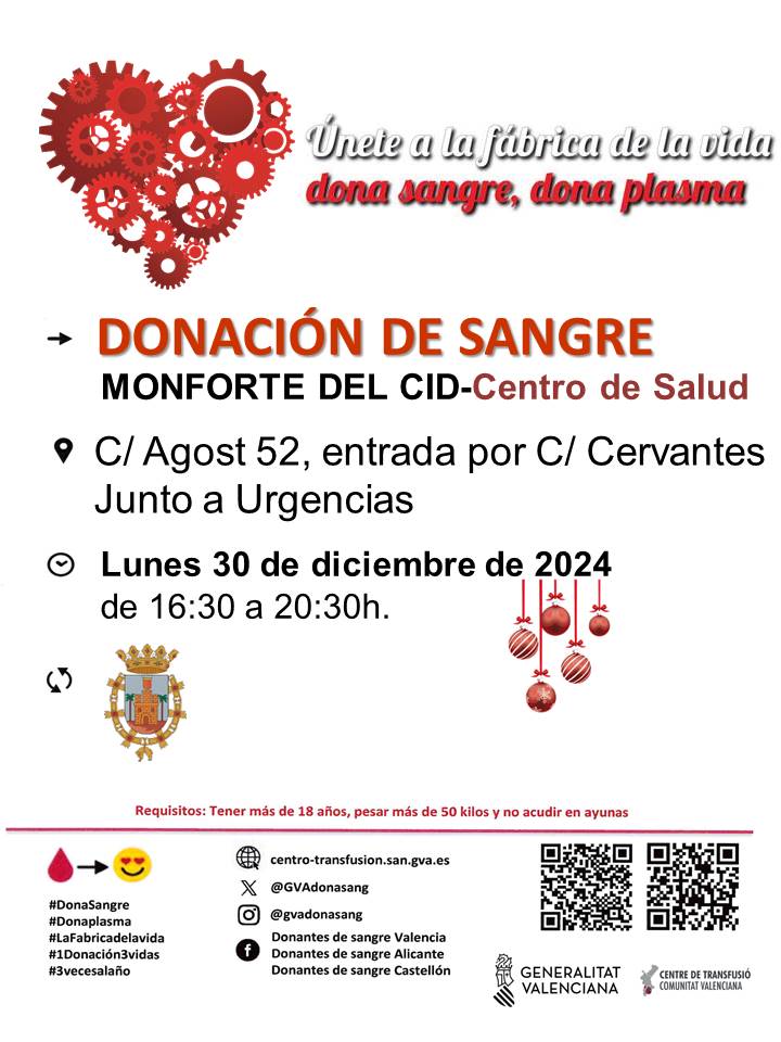 GVAdonasang's tweet image. Donación de sangre #MonforteDelCid
📅lunes #30diciembre
Si ya han transcurrido 2 meses desde tu última donación de sangre, contamos con tu colaboración👉 Tu donación es el mejor regalo para esta #Navidad🩸🎁
Únete a #LaFábricaDeLaVida❤️