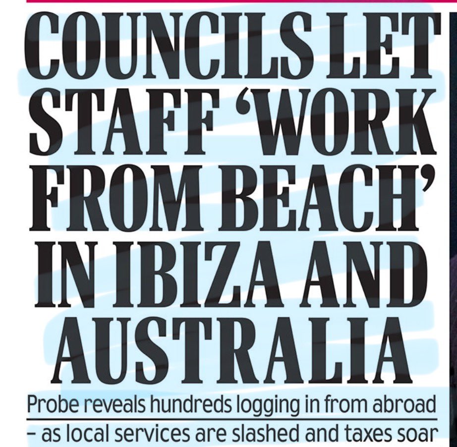 PUBLIC SECTOR - God it’s pathetic!  

Thousands of council employees are ‘working’ from abroad on extended ‘holidays’ with service at an all time low and taxes at an all time high! 

All funded by the private sector which is about to be floored by recession. 

It can’t go on!
