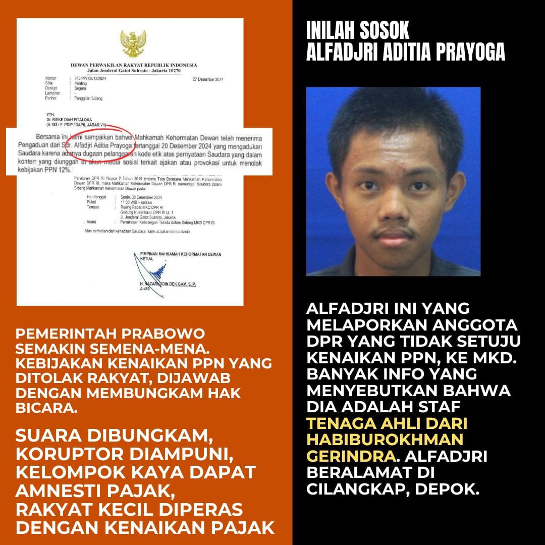 IndonesiaEm4s's tweet photo. Alfadjri, aktor pelapor Rieke Diah Pitaloka, anggota DPR RI yang kritis terhadap penolakan PPN 12%; upaya membungkam wakil rakyat yang tengah memperjuangkan amanat penderitaan rakyat.
#RakyatBersatu
#TolakPPN12 
#AmanatPenderitaanRakyat 
#NeoOrdeBaru https://t.co/824NDfYCxF