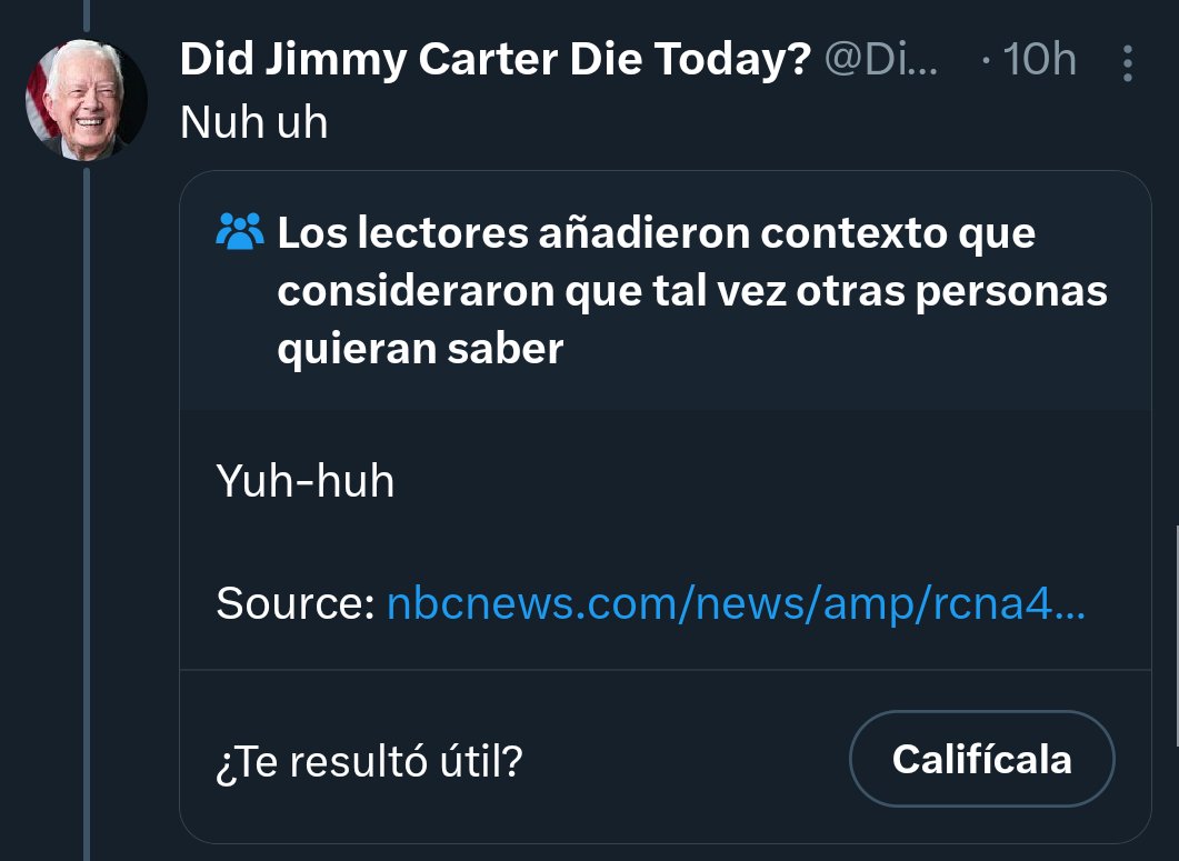 NotasDeLectores's tweet photo. Esta cuenta existía para avisar de la muerte de Jimmy Carter y va y la caga, y a continuación se pone a discutir con las notas de comunidad. Menuda maravilla.
#NotasDeLaComunidad #ConContexto #NotasDeLosLectores https://t.co/Eix9R2R7Xl