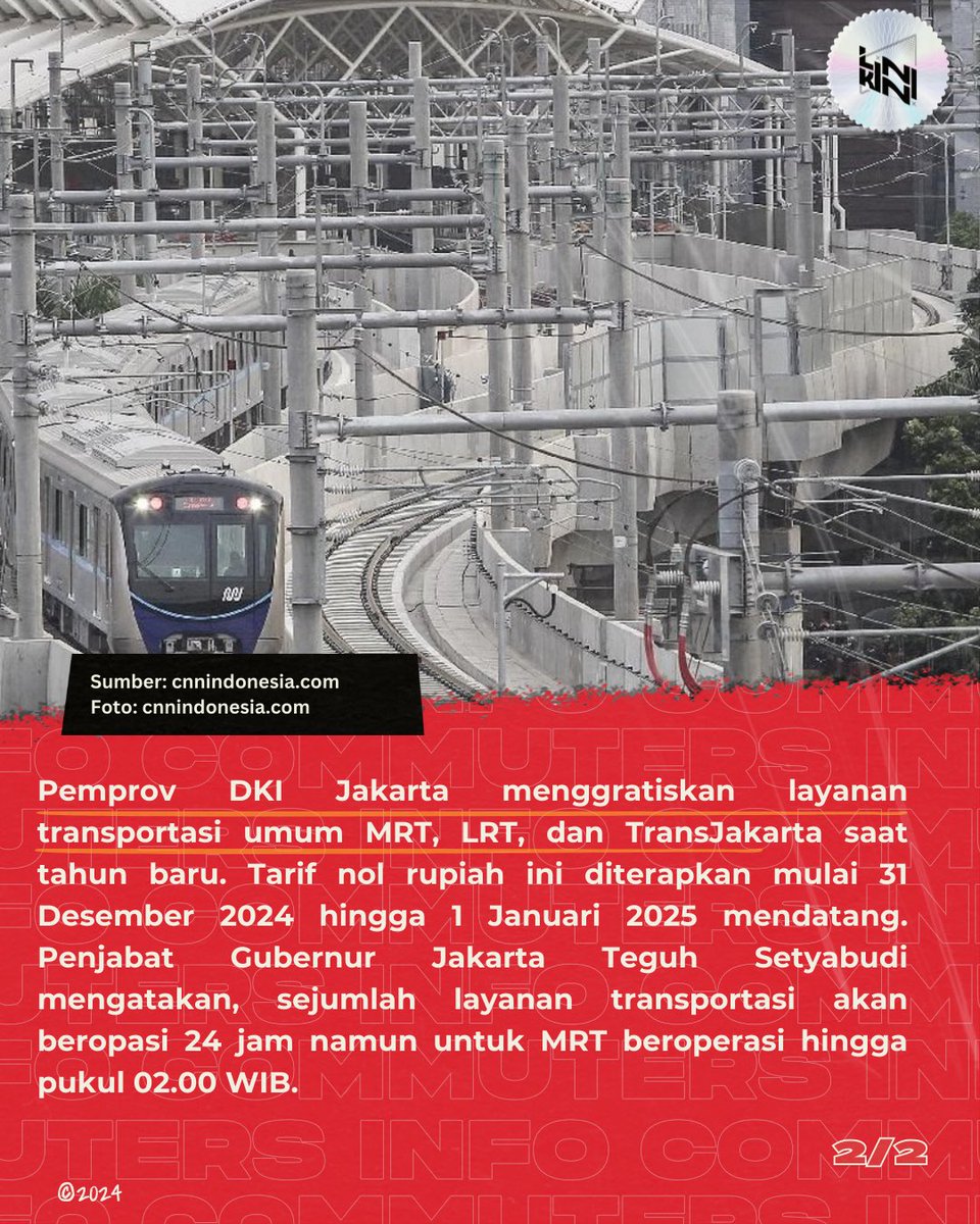 Ada yang GRATIS nih, Commuters!🙌

Dalam menyambut tahun baru 2025 beberapa transportasi seperti MRT, LRT, dan TransJakarta tarifnya bakalan nol rupiah nih. Hayo, siapa yang tahun baruan nanti naik dari ketiga transportasi tersebut? Komen di bawah ya~👇

source: <a href="/CNNIndonesia/">CNN Indonesia</a>