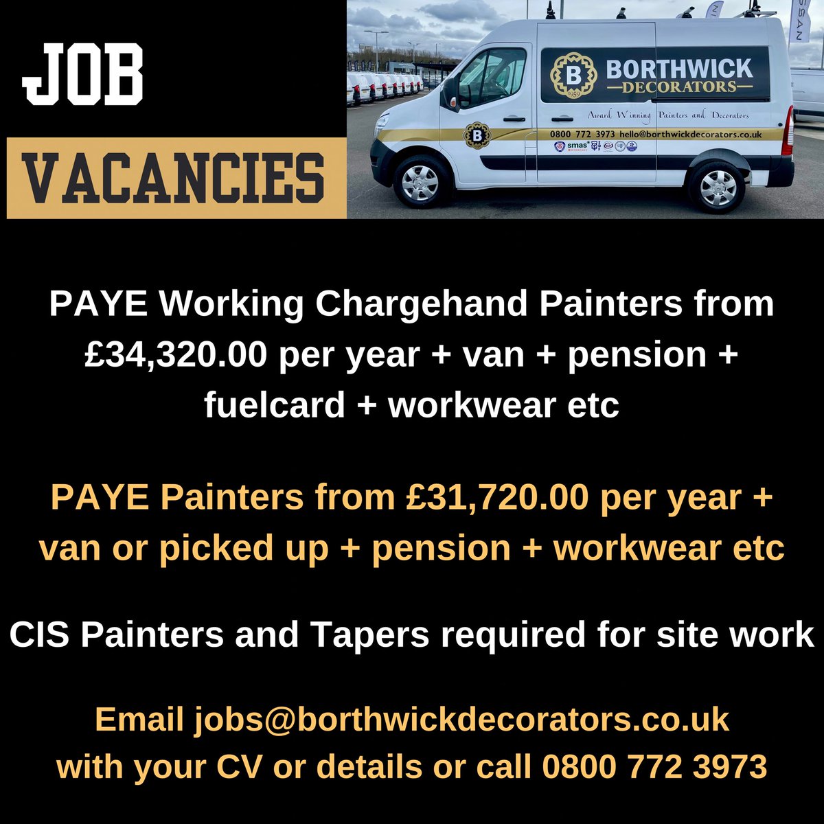 ⭐️PAINTERS, DECORATORS AND TAPERS REQUIRED⭐️                              

Due to continued growth, Borthwick Decorators are looking to recruit PAYE chargehand painters and decorators, and painters and decorators to our large team of employees. Our ideal candidates will