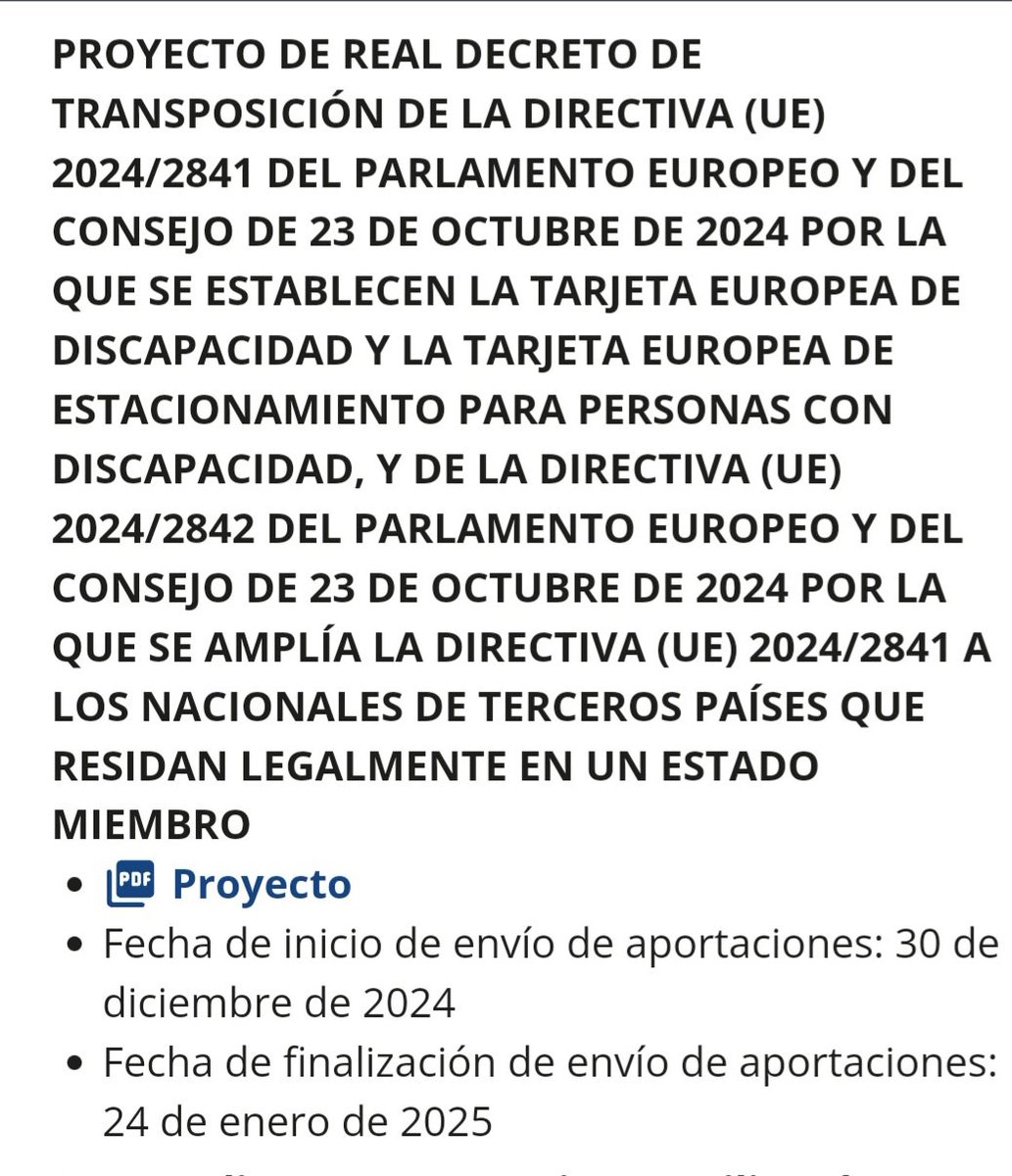 Dijimos que antes de finalizar el año iniciariamos la tramitación para trasponer la Directiva Europea de la Tarjeta Europea d Discapacidad y d Estacionamiento.

Hoy arranca la Consulta Pública Previa, toda la info👇

dsca.gob.es/es/servicio-a-…

Avanzando en el Derecho a la Movilidad