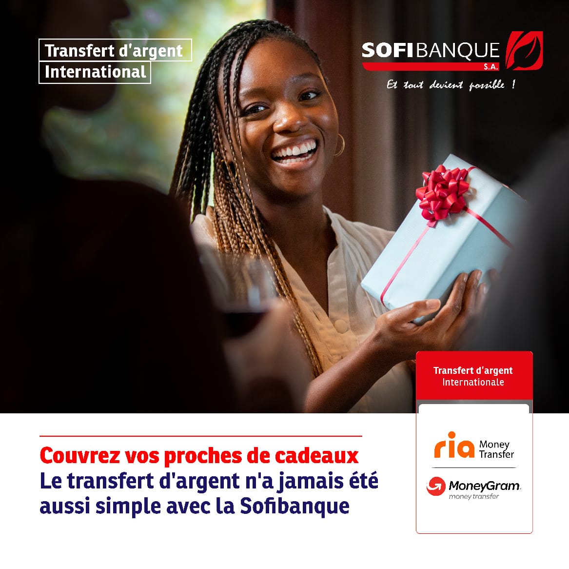 💸 Gâtez vos proches avec Sofibanque, MoneyGram et Ria !

Pour les fêtes, envoyez de l’argent facilement via nos guichets Sofibanque. Rapide, sécurisé et idéal pour transmettre votre générosité. 🎁✨

📍 Disponible dans toutes nos agences.

#Sofibanque #TransfertDargent