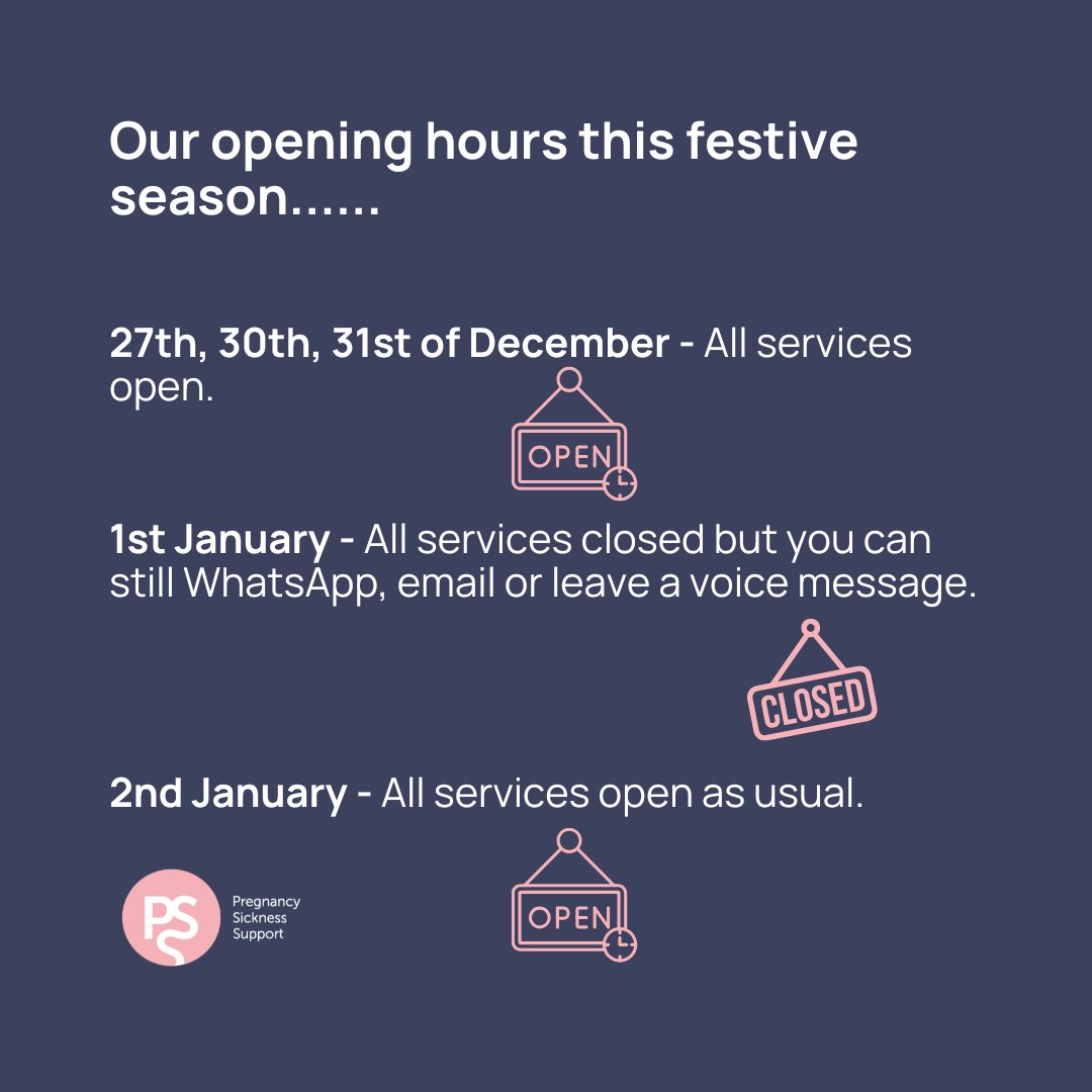 Pregnancy Sickness Support (@hgsupportuk) on Twitter photo Just a quick reminder of our opening hours for the rest of the festive period.
You can also find resources on our website. We hope that for those suffering this festive period, that you have been able to cope, we know it's hard. 
See you all in 2025!
#OpeningHours #HGSupport Just a quick reminder of our opening hours for the rest of the festive period.
You can also find resources on our website. We hope that for those suffering this festive period, that you have been able to cope, we know it's hard. 
See you all in 2025!
#OpeningHours #HGSupport