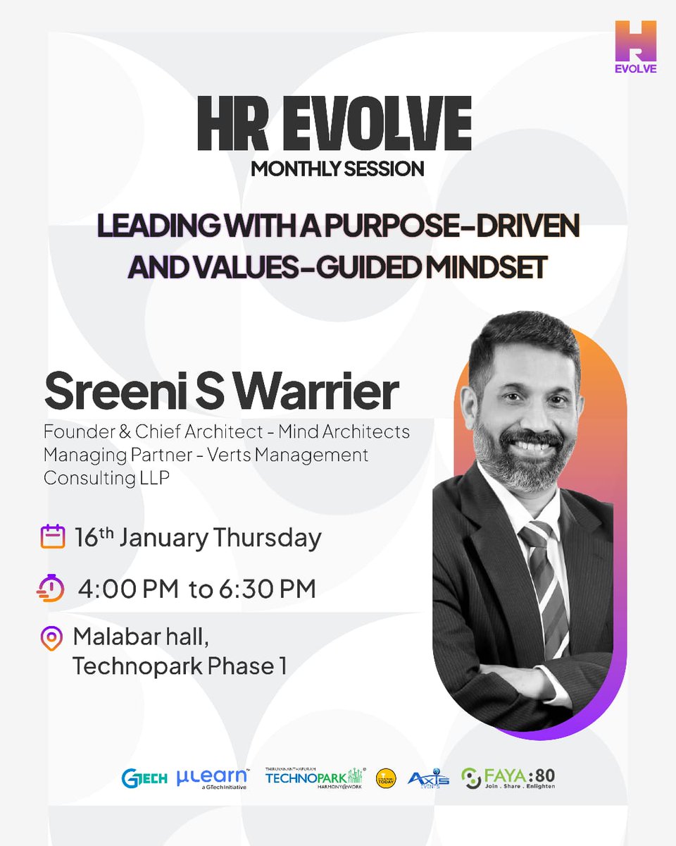 Lead with Purpose! 💡

Join us on 16th Jan at Technopark for an inspiring session with Sreeni S Warrier on building a purposeful, values-driven mindset.

🖋️ Register: mulearn.org/r/hr-workshop

#HREvolve #Leadership #Mindset #hr #Mindset