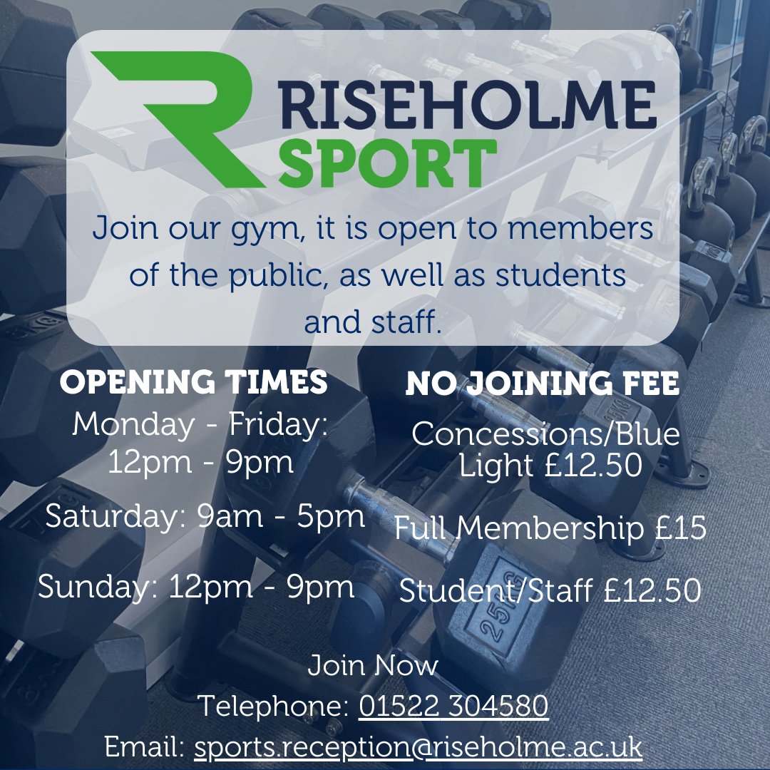 Kick start your January by joining our gym at Riseholme College! 💪

To learn more about our gym and sports facilities OR to have a virtual tour, head over to the website 👉 riseholme.ac.uk/campus-and-fac…

#RiseholmeCollege #Riseholme