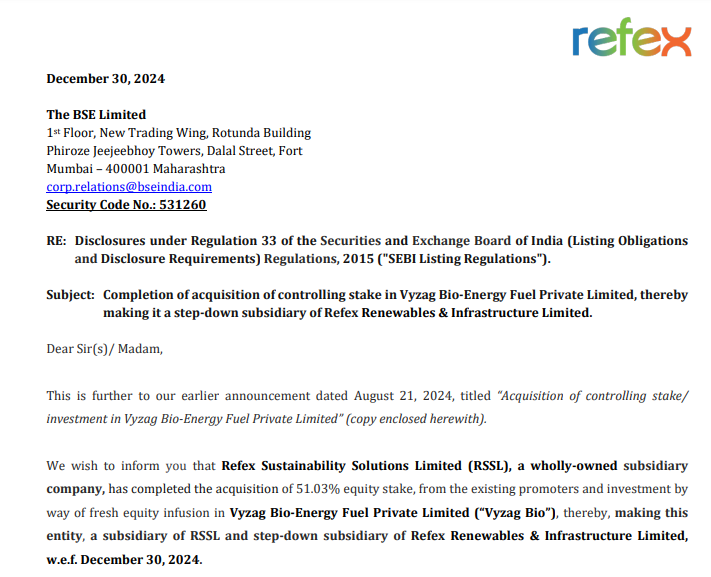 SMKannadaYT's tweet image. #Refex Renewables &amp;amp; Infrastructure Ltd
Vyzag Bio-Energy Fuel Private Limited (“Vyzag Bio”) ಕಂಪನಿಯನ್ನು ಸ್ವಾಧೀನಪಡಿಸಿಕೊಂಡಿರುವುದಾಗಿ ತಿಳಿಸಿದೆ.