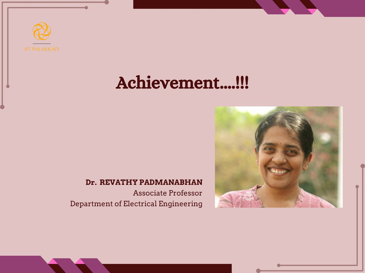 PalakkadIIT's tweet image. Congratulations to Dr. Revathy Padmanabhan, Associate Professor, Department of Electrical Engineering, on being recognized as the Joint Runner-Up of the Best Woman Professional (Early Career) category of the Shri Pralhad P. Chhabria Awards 2024. 
instagram.com/p/DEMVAp1MLVE/…
#iitpkd