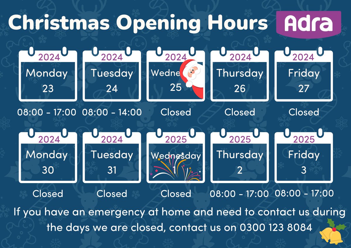Our opening hours change a bit over the Christmas period ⏰🎅 If you have an emergency at home and need to contact us during the days we are closed, contact us on 0300 123 8084 ☎️