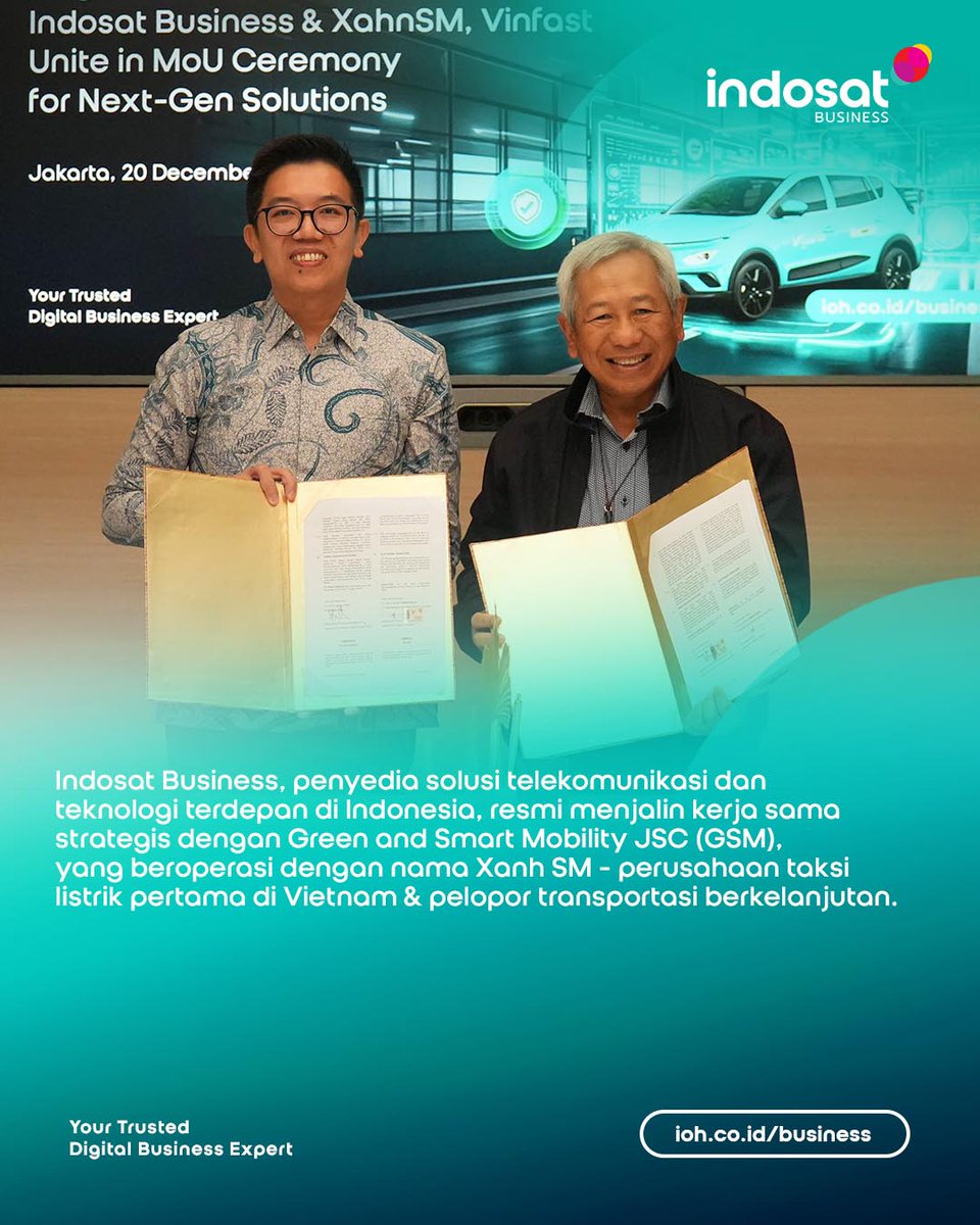 Indosat Business, penyedia solusi telekomunikasi dan teknologi terdepan di Indonesia, resmi menjalin kerja sama strategis dengan Green and Smart Mobility JSC (GSM), yang beroperasi dengan nama Xanh SM—perusahaan taksi listrik pertama di Vietnam dan pelopor transportasi