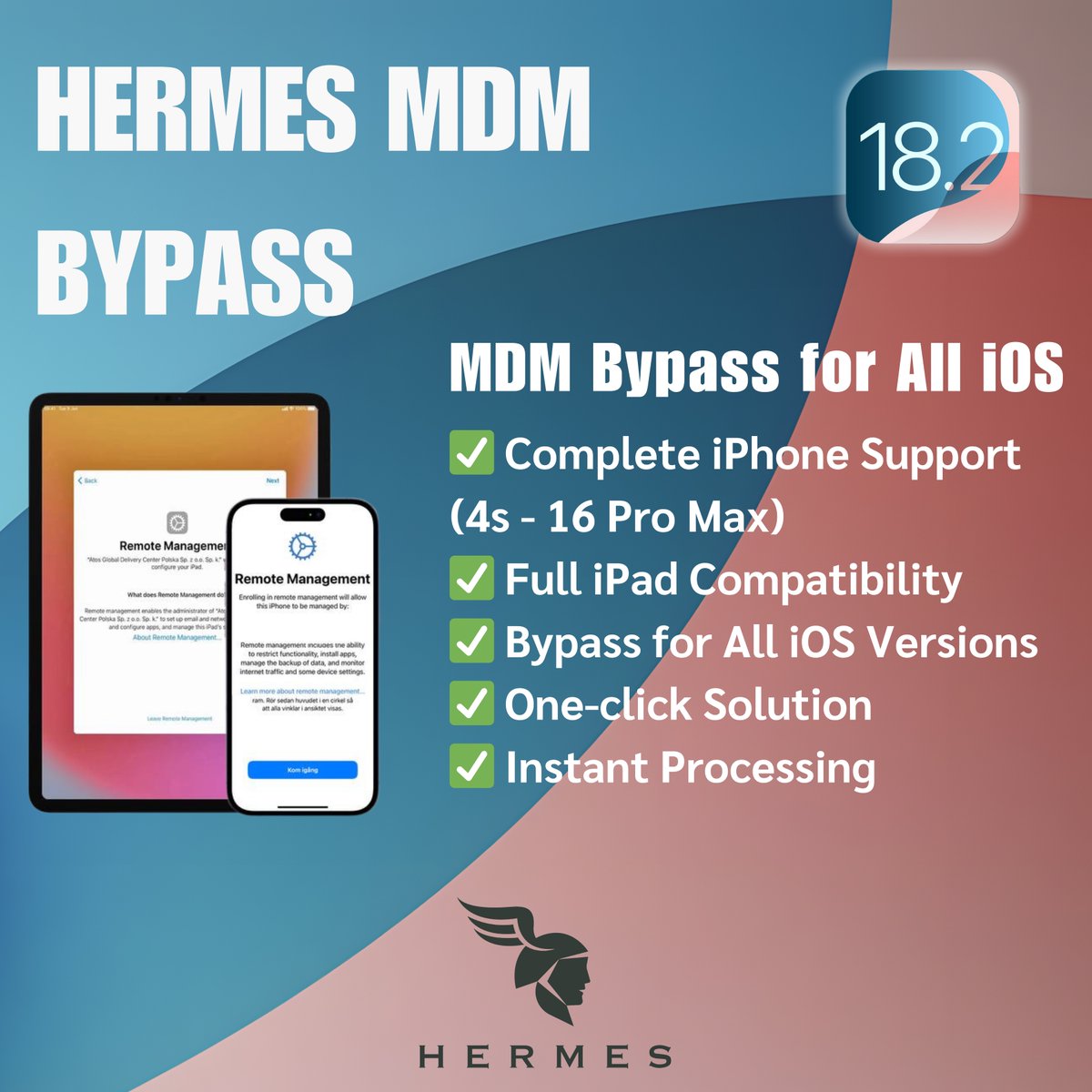 🛠 Exciting News from Hermes Team!

We are excited to introduce the Hermes MDM Bypass Service, designed to provide a fast, efficient, and secure way to bypass MDM restrictions on your Apple devices.

🚀 Key Features of Hermes MDM Bypass:

• Supports All Models: Compatible with