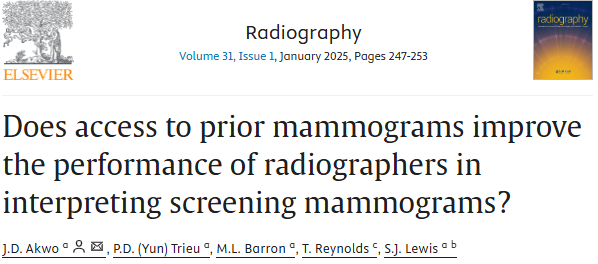 📢Research article available!
📰Does access to prior mammograms improve the performance of radiographers in interpreting screening mammograms?
🖊️J.D. Akwo, P.D. (Yun) Trieu, M.L. Barron, T. Reynolds, S.J. Lewis
🔗 doi.org/10.1016/j.radi…