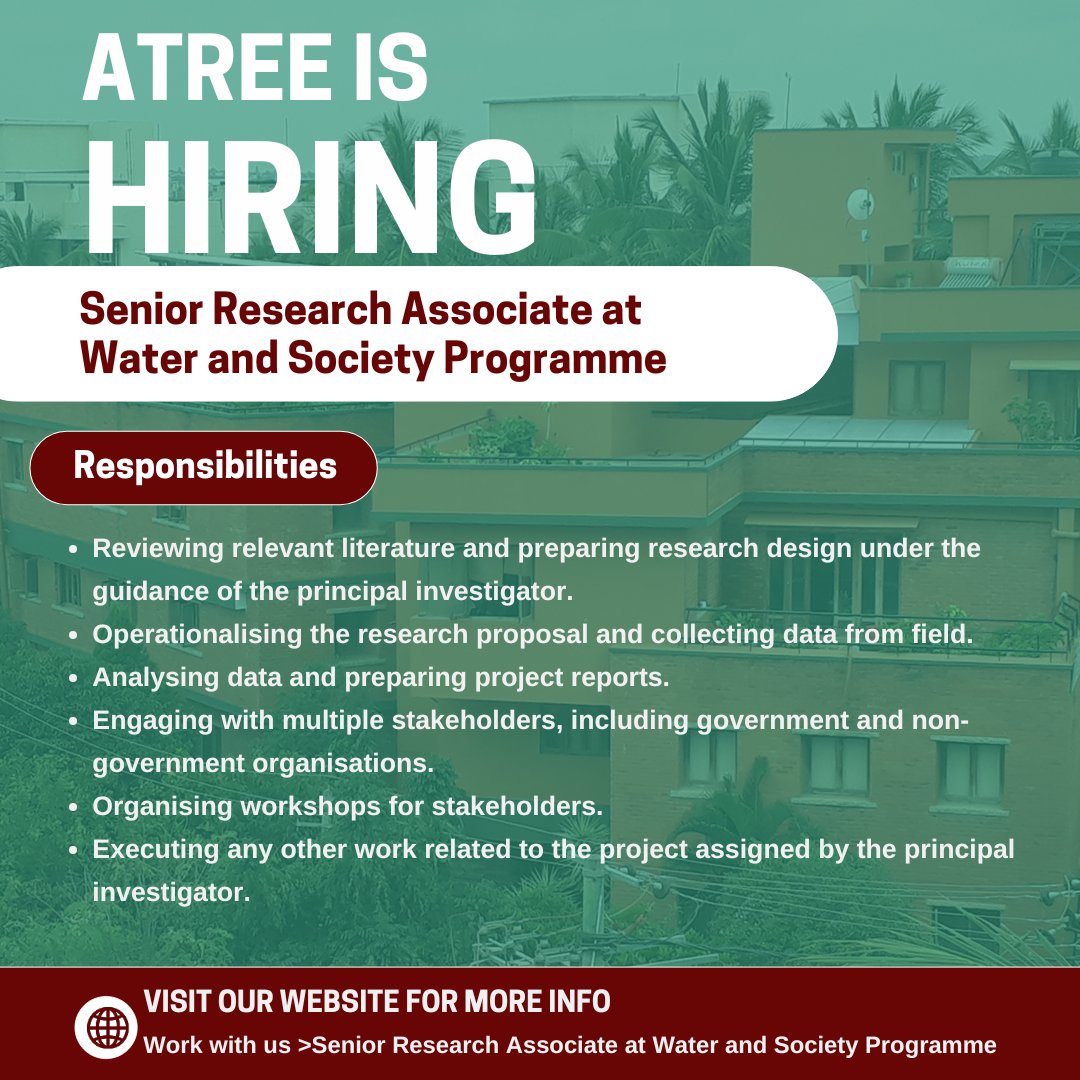 Join ATREE's Water and Society Programme as a Senior Research Associate!

We are looking for a researcher to work on treated wastewater irrigation practices and their impacts on society and the environment. 
Proficiency in spoken Kannada or Telugu would be an advantage.
For more