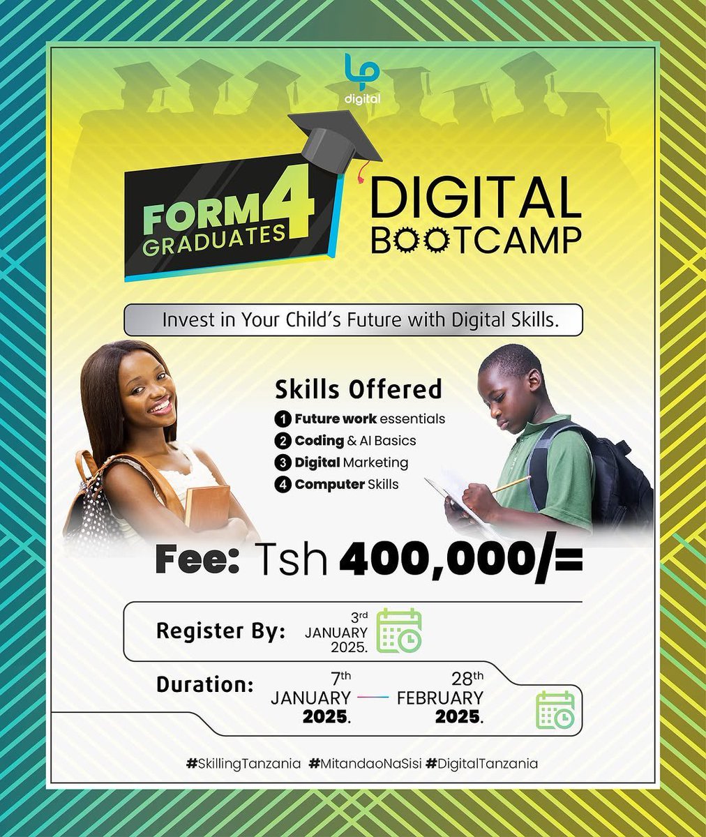 Carol Ndosi (@carolndosi) on Twitter photo Hello
Una Form 4 Graduate ungependa ajitayarishe na uchumi wa kidijitali??
Basi karibu umuandikishe short course zinazotolewa na <a href="/LPDigitalTZ/">LP Digital</a>
Tunaanza 07.01.2025 
Registration link 👇🏽
docs.google.com/forms/d/e/1FAI…
#SkillingTanzania #DigitalSkills #Form4BootCamp Hello
Una Form 4 Graduate ungependa ajitayarishe na uchumi wa kidijitali??
Basi karibu umuandikishe short course zinazotolewa na <a href="/LPDigitalTZ/">LP Digital</a>
Tunaanza 07.01.2025 
Registration link 👇🏽
docs.google.com/forms/d/e/1FAI…
#SkillingTanzania #DigitalSkills #Form4BootCamp