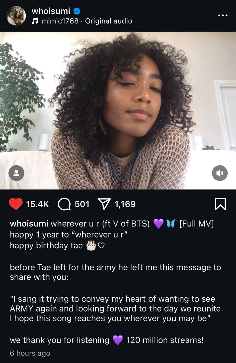 layovermoods's tweet photo. UMI wished taehyung a happy birthday and happy anniversary of Wherever U R on instagram 💜🥺

“happy birthday wherever u r💜 🦋
happy birthday tae :)” https://t.co/kbc68PL3Gs