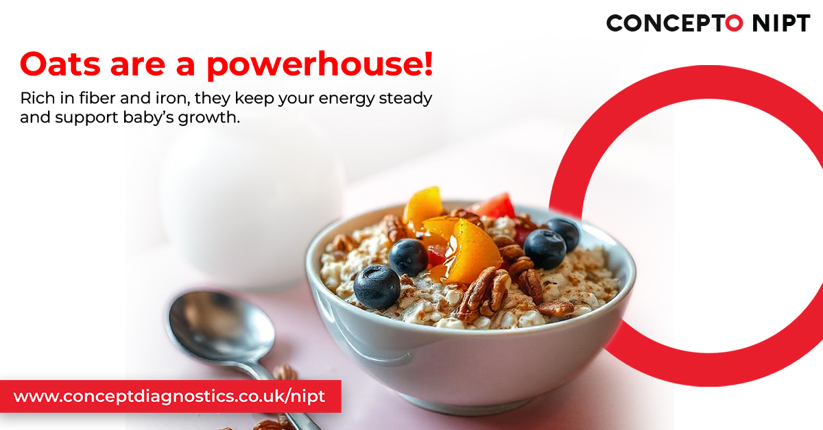 Oats are a powerhouse! 🥣 Rich in fiber and iron, they keep your energy steady and support baby’s growth. #PregnancyNutrition #HealthySnacking #EnergyForMoms #NutritionTips