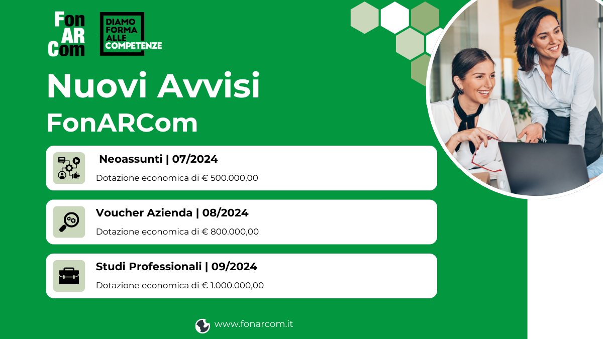 💡 𝗧𝗿𝗲 𝗻𝘂𝗼𝘃𝗶 𝗔𝘃𝘃𝗶𝘀𝗶 𝗽𝘂𝗯𝗯𝗹𝗶𝗰𝗮𝘁𝗶 𝗱𝗮𝗹 𝗙𝗼𝗻𝗱𝗼 #𝗙𝗼𝗻𝗔𝗥𝗖𝗼𝗺
per il finanziamento di attività di formazione continua a favore di:
• neoassunti
• dipendenti di imprese italiane
• studi professionali, Centri Elaborazione Dati

#FormazioneContinua