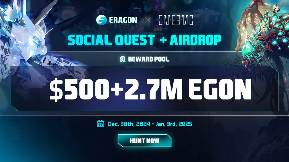 🚨HOT TREAT LANDED: Double Rewards from ERAGON x @In_ongame! 🚨

The bountiful feast of up to $500 &amp; 2.7M $EGON for the year-end wrap-up. Are you ready for the grabs?

1️⃣IN Social Quest:
🔘Rewards: $100 + 200k $EGON
🔘Social Quest duration: 10 am UTC Dec. 30th, 2024 - 10am UTC