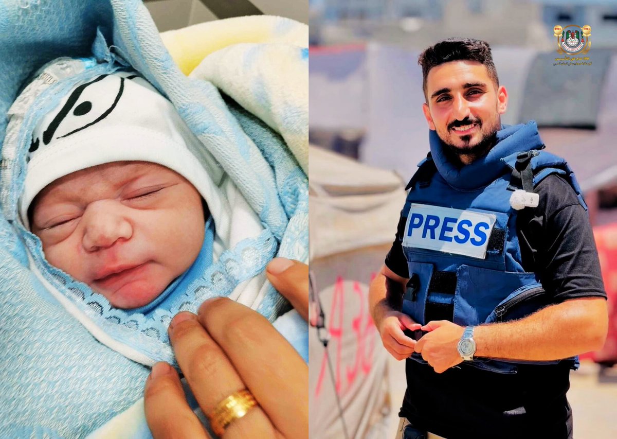 Hours after Palestinian journalist Ayman Aljidi was killed in an Israeli strike with his four colleagues covering events at Gaza's Alawda hospital, his wife gave birth to their baby soon after his burial.<a href="/IFJGlobal/">IFJ</a> <a href="/NUJofficial/">NUJ</a>