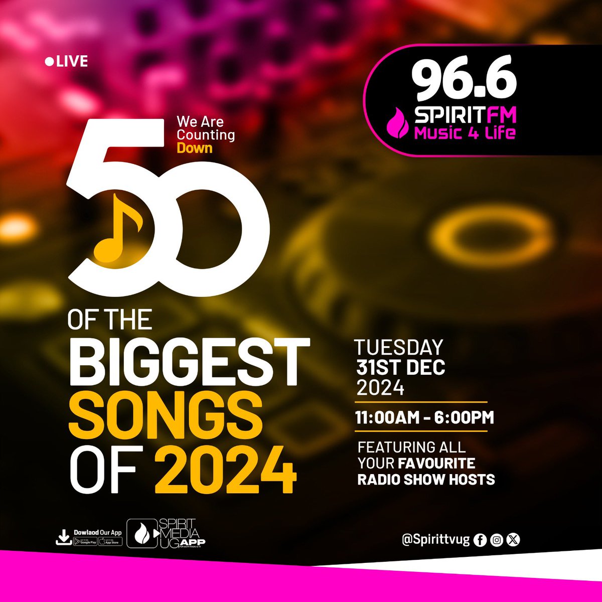 We will be counting down the 50 biggest Gospel song of 2024 tomorrow 31st December starting 11am joined by your favourite Radio Hosts.
Tune in and let’s end the year in style.
#SpiritFmTop50 #Music4Life