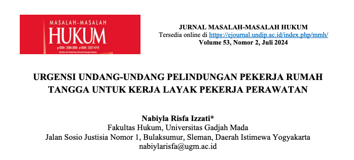 Publikasi terakhir untuk menutup tahun ini, tentang urgensi pengesahan RUU Pelindungan Pekerja Rumah Tangga. 

Saya berargumen bahwa UU PPRT tidak hanya penting bagi PRT, namun juga menjadi simbol bahwa negara mulai menganggap penting kerja2 perawatan.

ejournal.undip.ac.id/index.php/mmh/…