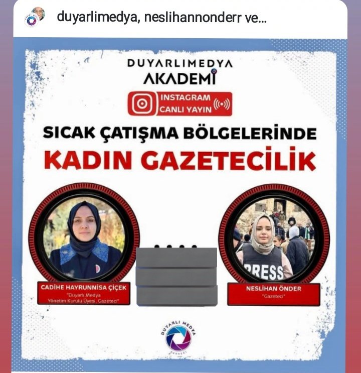 Filistin, Lübnan ve Suriye'de başarılı ve örnek bir gazetecilik performansı gösteren <a href="/neslyhanonder/">Neslihan</a> Duyarlı Medya Akademi'ye konuk oldu. Gazeteci ve Dernek YK Üyemiz <a href="/hayrunnisacicek/">Hayrunnisa Çiçek</a>'in moderatörlüğündeki çarpıcı söyleşiyi linkten izleyebilirsiniz: 
instagram.com/reel/DELG4sUir…